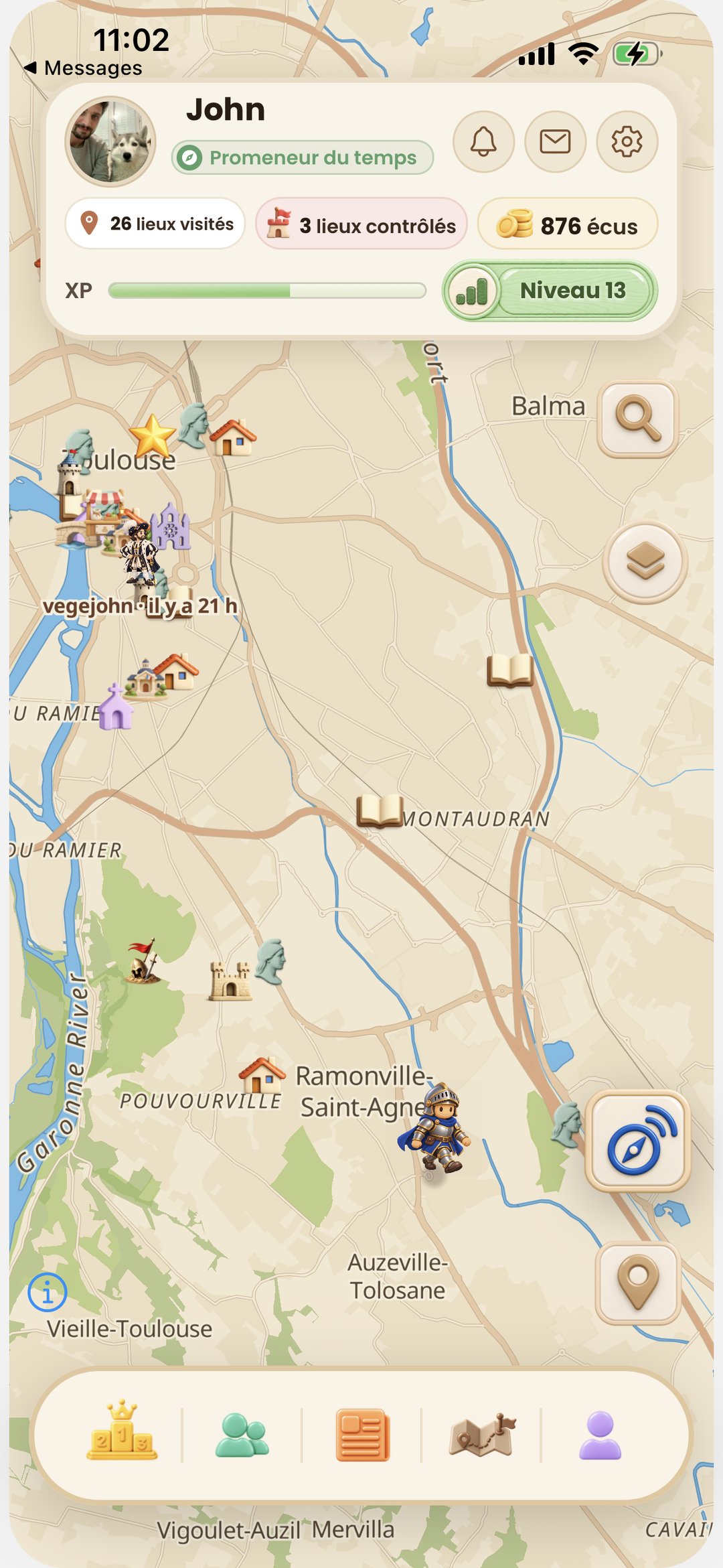 Capture d’écran de l’application ExploGo affichant une carte avec des lieux historiques