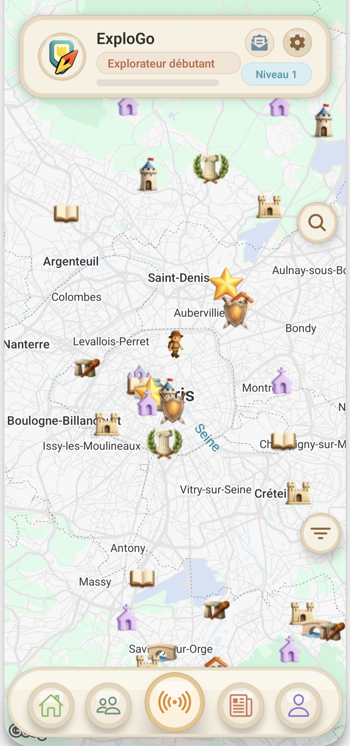 Capture d’écran de l’application ExploGo affichant une carte avec des lieux historiques