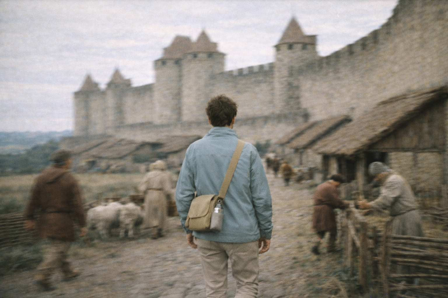 Explorateur devant une cité médiévale, ambiance voyage dans le temps